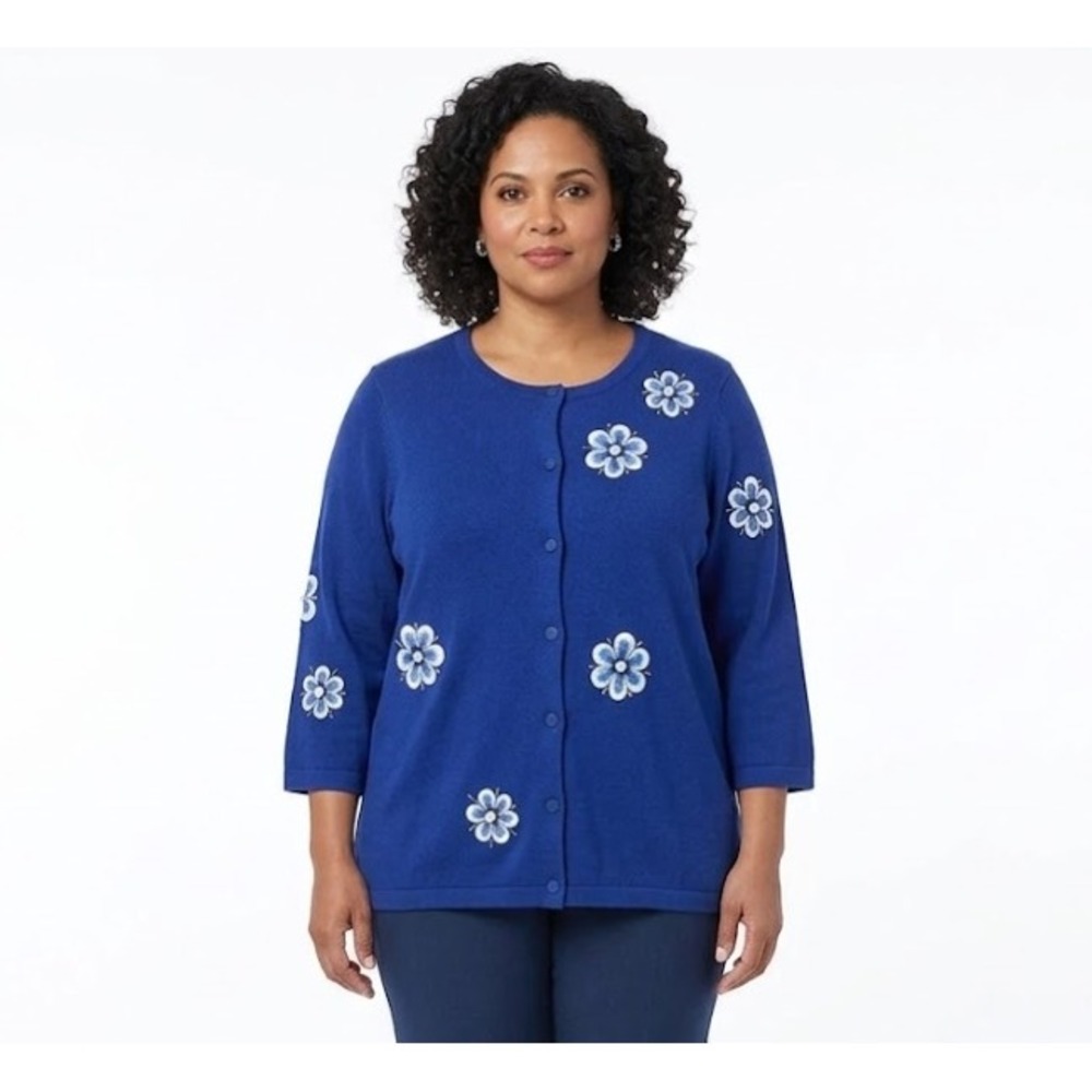 Bob Mackie‎ Blue Floral Embroidered Button Cardigan size Large